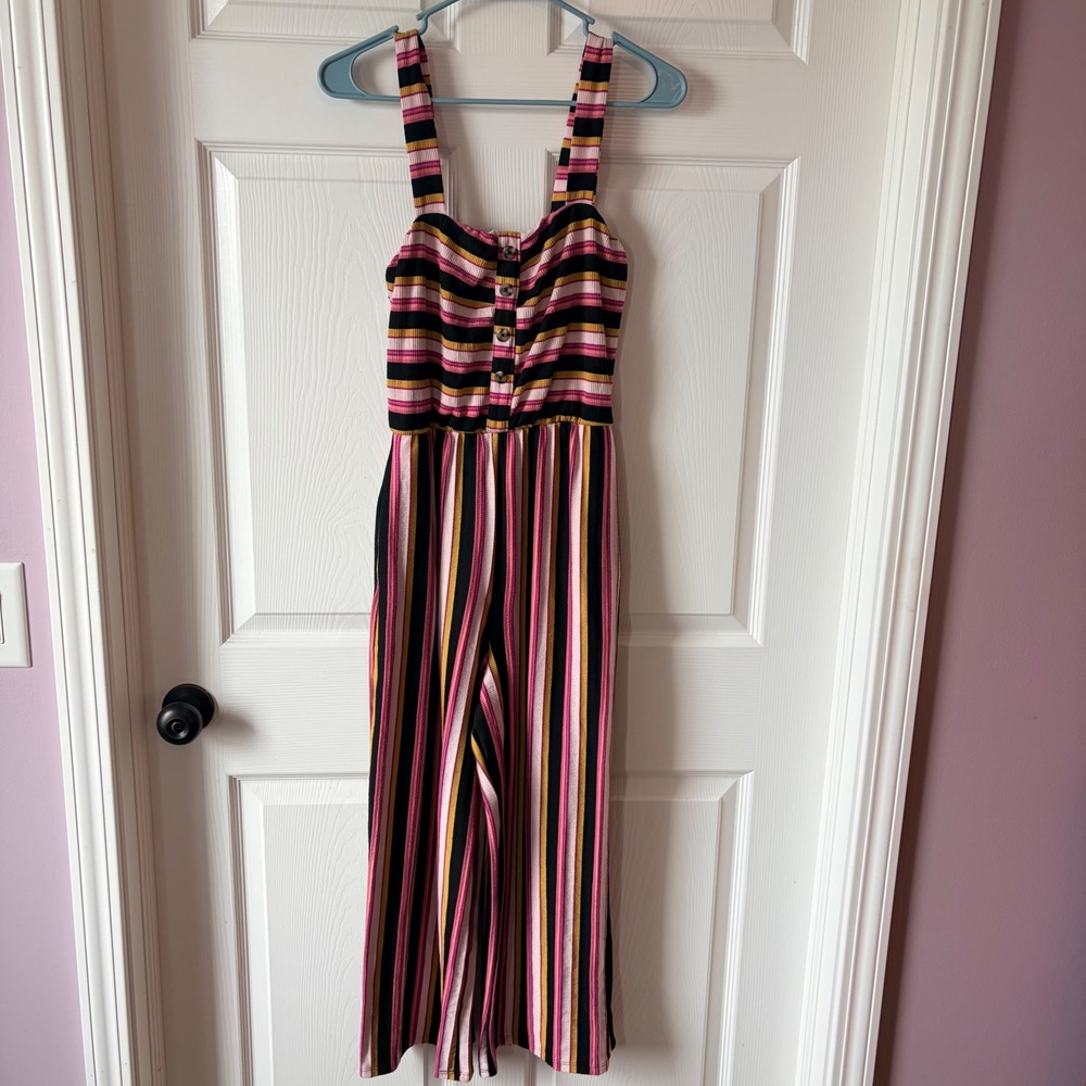 Xhilaration Womens Striped Wide Leg Jumpsuit Pink Black Yellow Size S Pockets